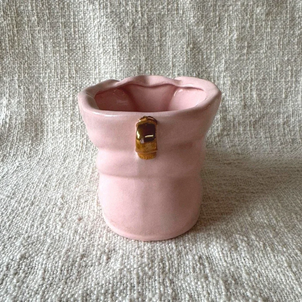 Vintage Ceramic Baby Boot Vase / Planter Blush Pink with‎ Blue Bow